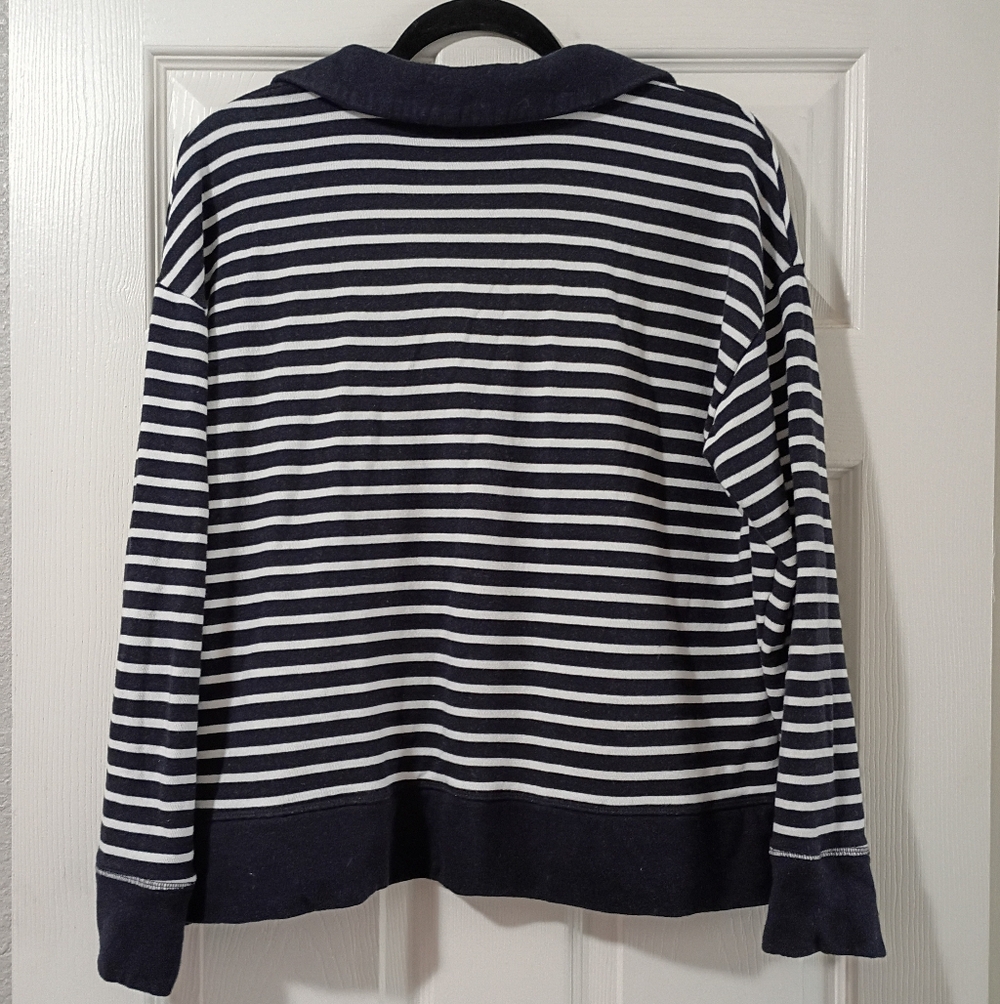 T By Talbots Navy and White  French Terry Johnny Collared Polo Striped Top - Picture 3 of 5